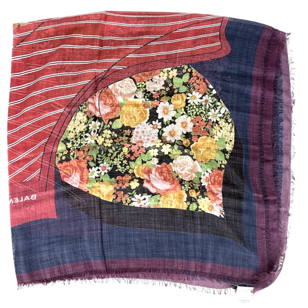 BALENCIAGA バレンシアガ スカーフ 花柄 大判 ファッションアイテム ウール シルク ボルドー系 マルチカラー レディース【中古品】