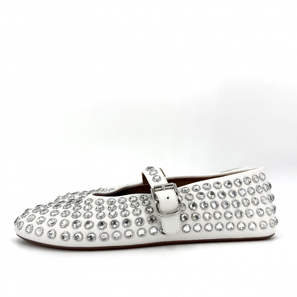 パンプス フラットシューズ ビジュー シューズ 靴 ALAIA アライア 37 1/2サイズ 約24.5cm レザー ラインストーン ホワイト 白 シルバー金具 レディース【中古品】