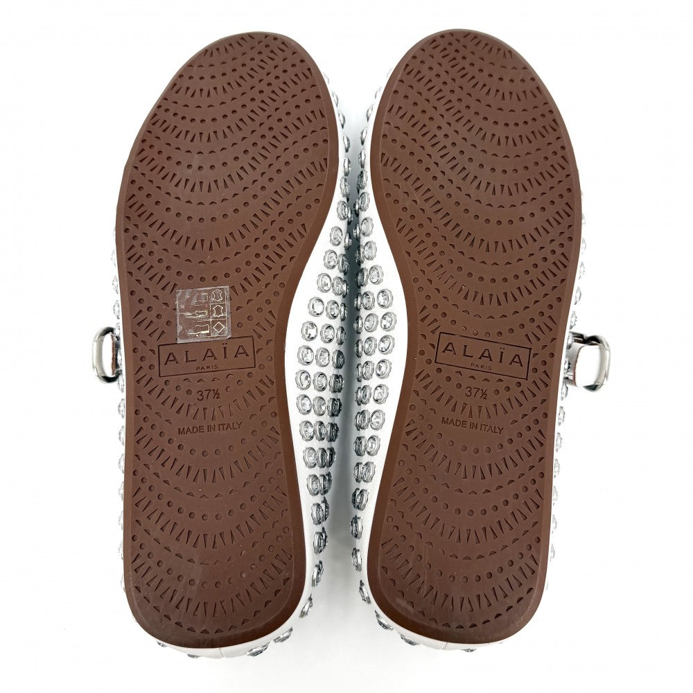 パンプス フラットシューズ ビジュー シューズ 靴 ALAIA アライア 37 1/2サイズ 約24.5cm レザー ラインストーン ホワイト 白 シルバー金具 レディース【中古品】