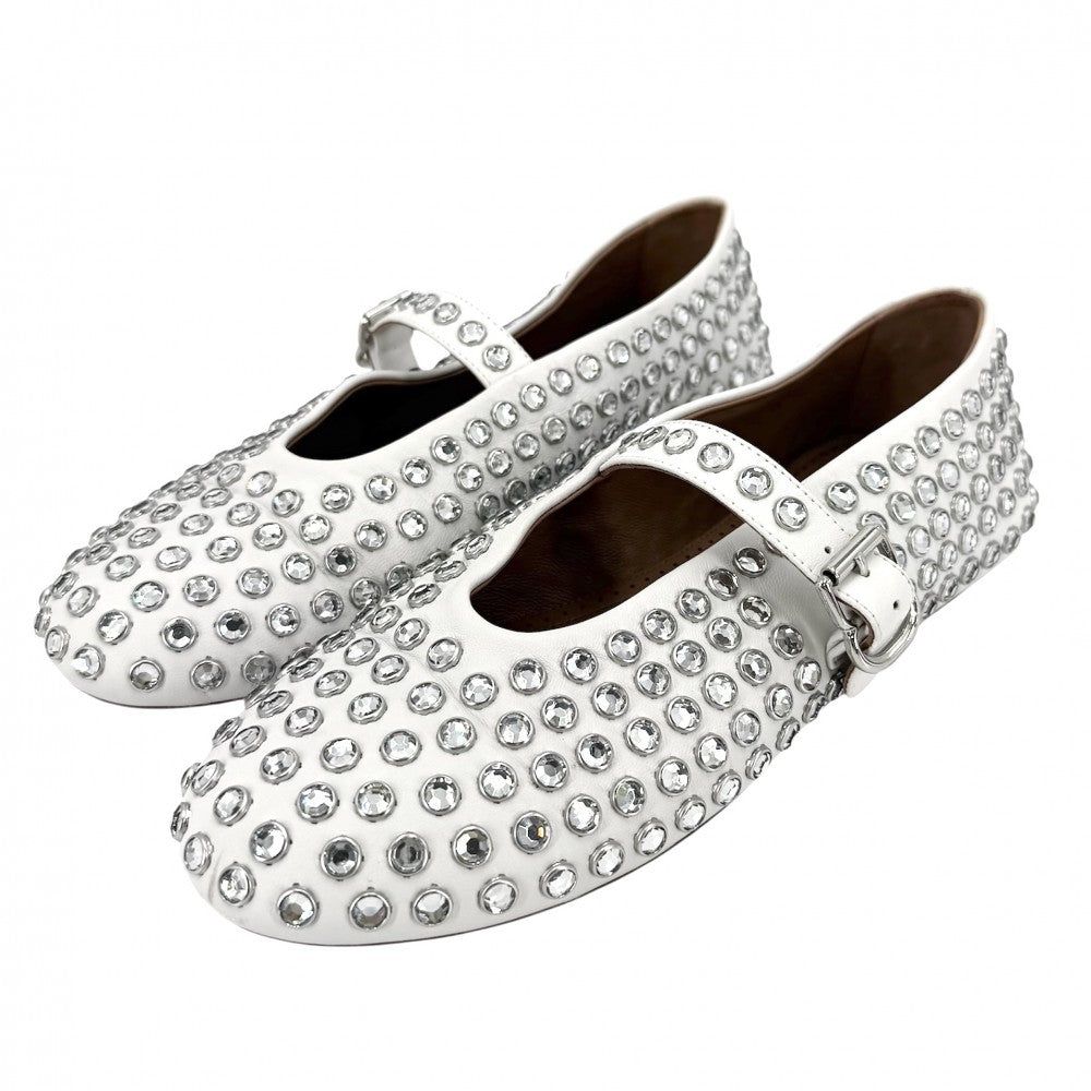 パンプス フラットシューズ ビジュー シューズ 靴 ALAIA アライア 37 1/2サイズ 約24.5cm レザー ラインストーン ホワイト 白 シルバー金具 レディース【中古品】