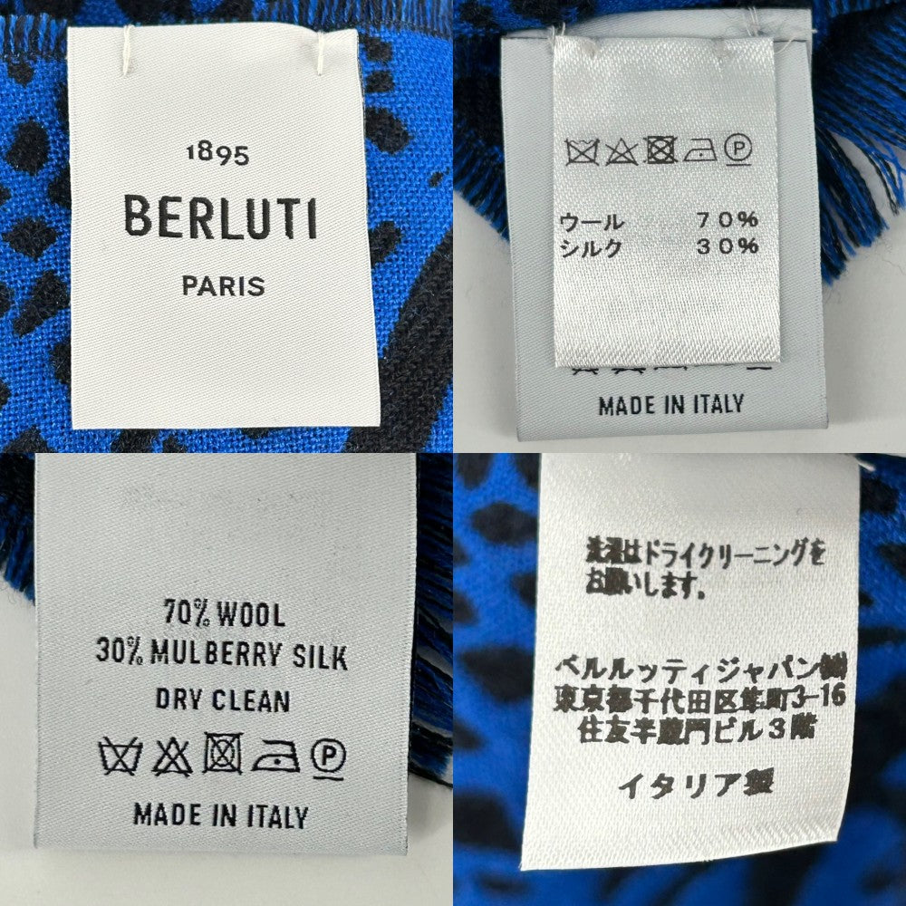 Berluti ベルルッティ ストール スクリット ショール スカーフ 大判 ファッションアイテム 秋 冬 ウール シルク ブルー 青 ブラック 黒 メンズ【中古品】