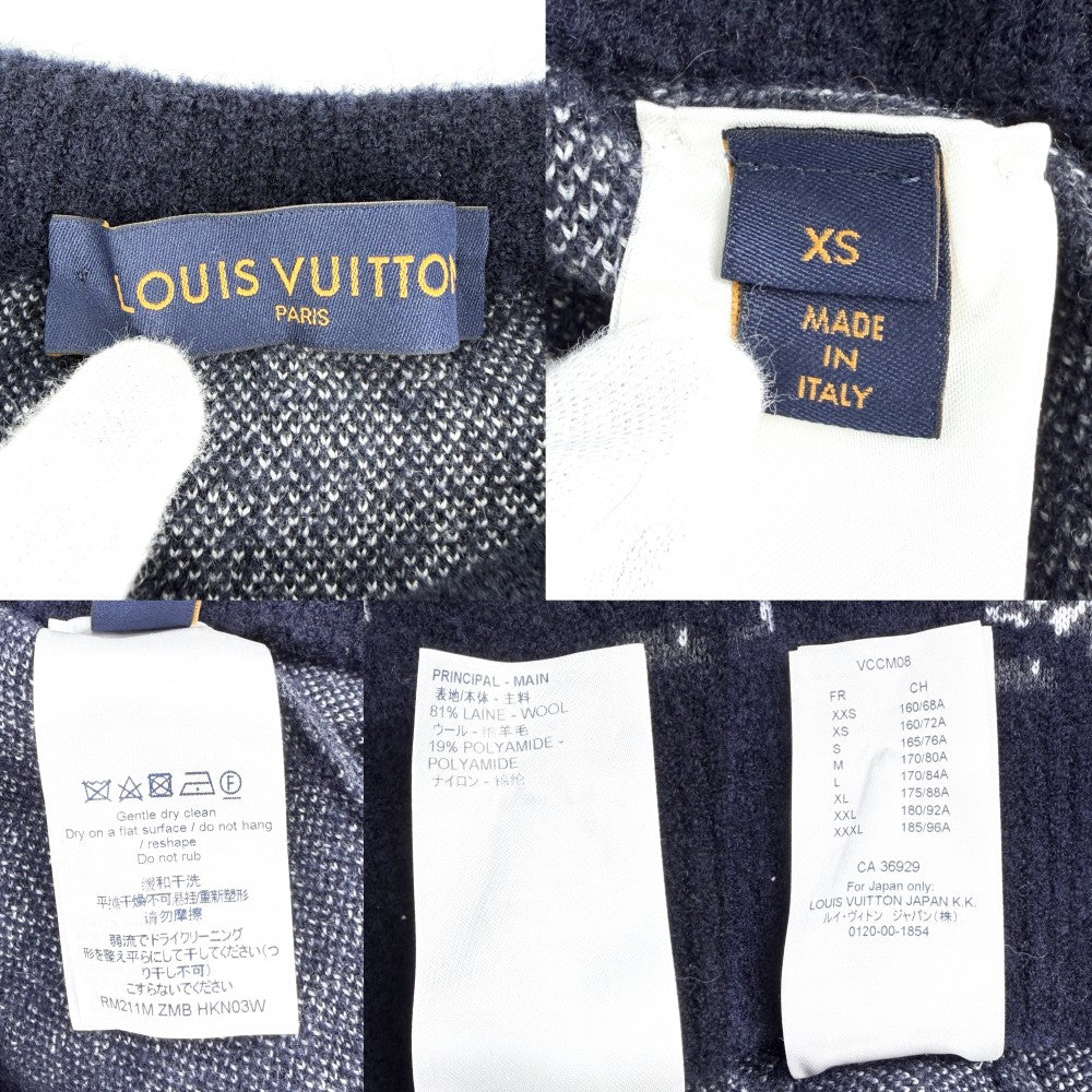 LOUIS VUITTON ルイヴィトン ニット モノグラム ディストレスト トップス 長袖 アパレル 服 XS ネイビー 紺 グレー 秋 冬 ウール ナイロン メンズ【中古品】