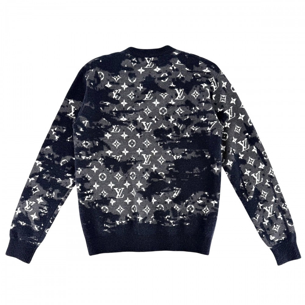 LOUIS VUITTON ルイヴィトン ニット モノグラム ディストレスト トップス 長袖 アパレル 服 XS ネイビー 紺 グレー 秋 冬 ウール ナイロン メンズ【中古品】