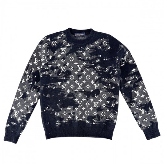 LOUIS VUITTON ルイヴィトン ニット モノグラム ディストレスト トップス 長袖 アパレル 服 XS ネイビー 紺 グレー 秋 冬 ウール ナイロン メンズ【中古品】