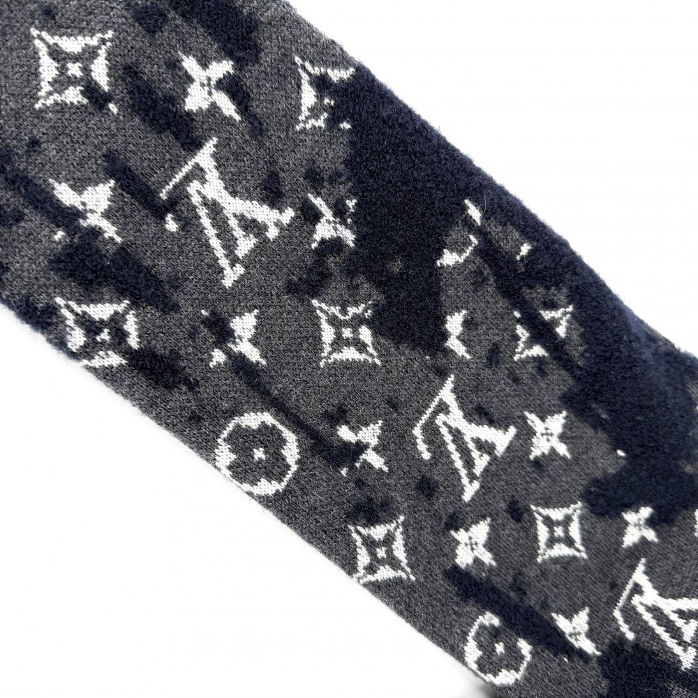 LOUIS VUITTON ルイヴィトン ニット モノグラム ディストレスト トップス 長袖 アパレル 服 XS ネイビー 紺 グレー 秋 冬 ウール ナイロン メンズ【中古品】
