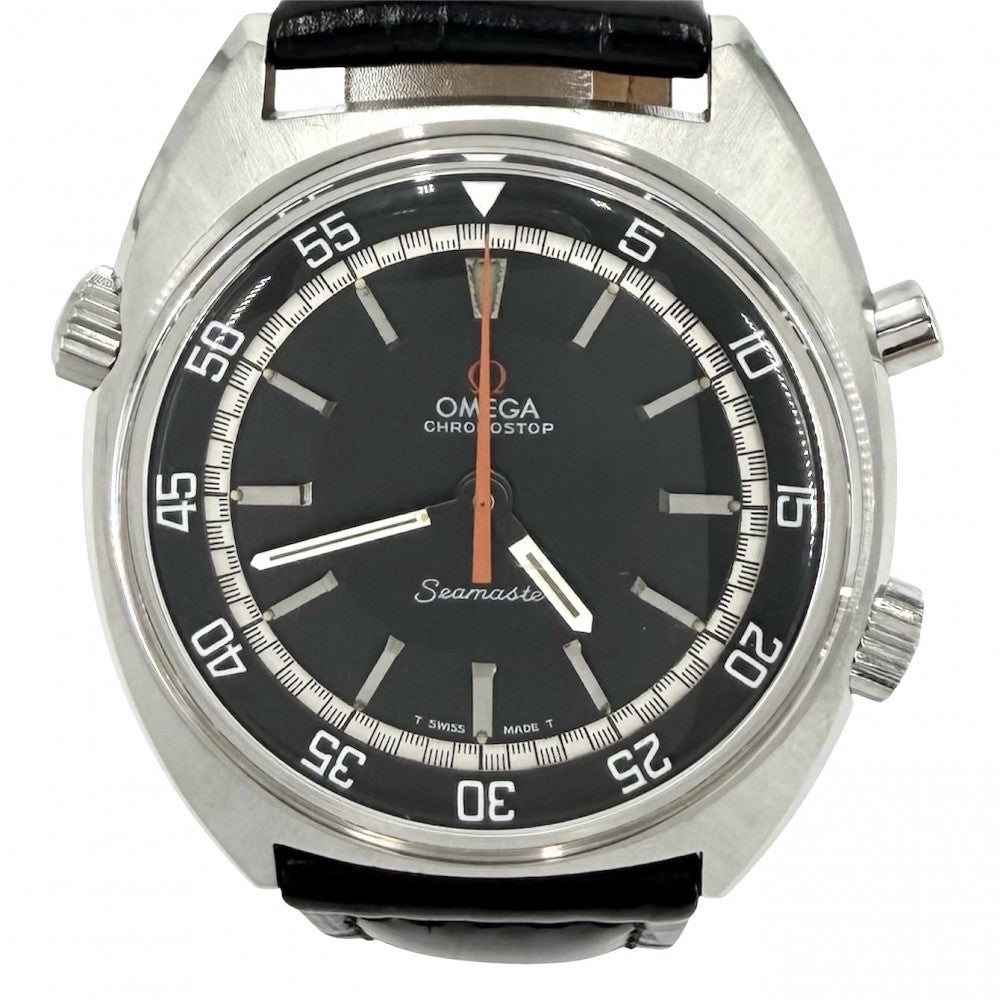 OMEGA オメガ 腕時計 シーマスター cal.865 クロノストップ MT インナーベゼル ブラック文字盤 145.008 手巻き ステンレススチール レザー ブラック 黒 シルバー金具 メンズ【中古品】