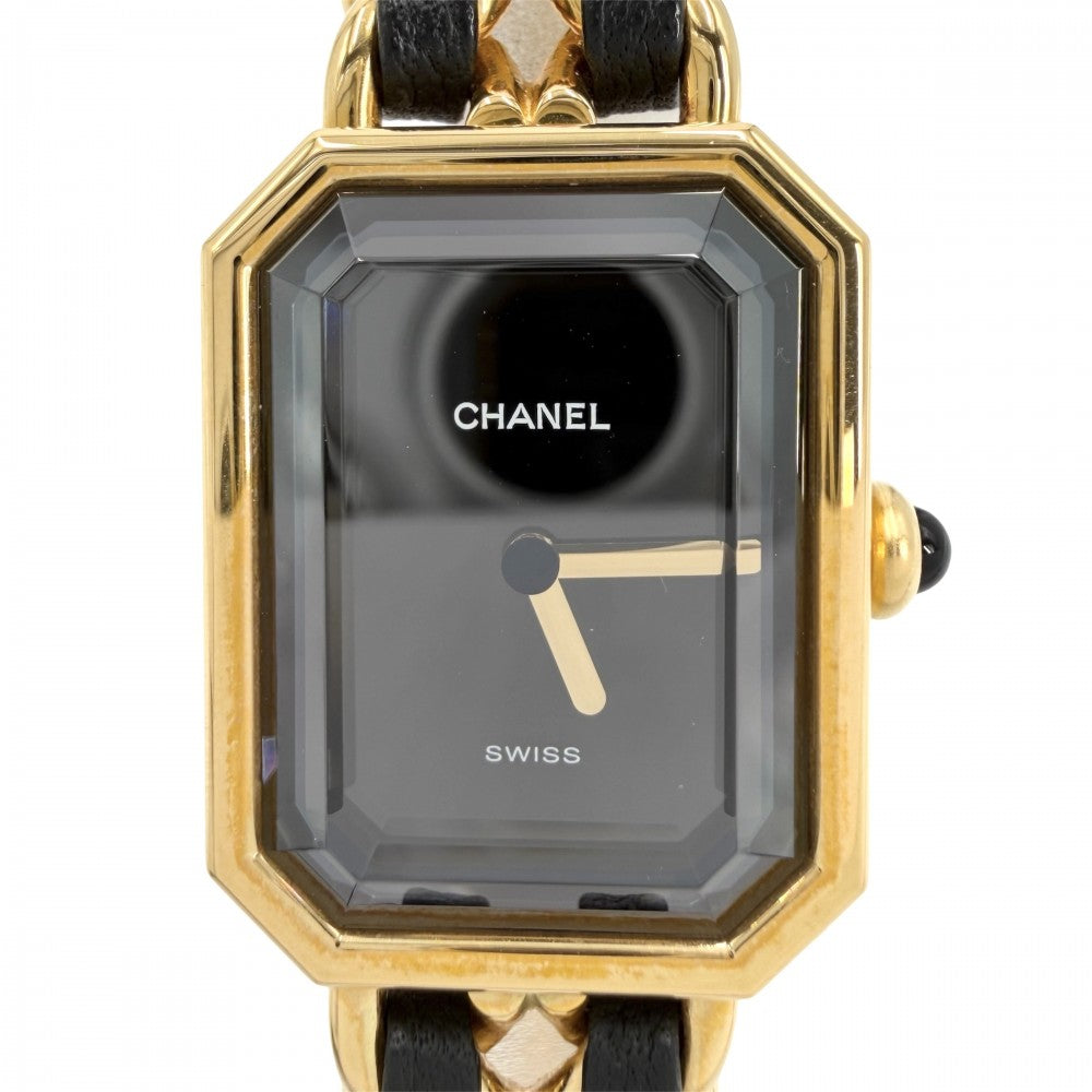 【開店SALE】 CHANEL シャネル 腕時計 プルミエールL ウォッチ 電池式 黒文字盤 QZ クオーツ GP レザー ゴールド ブラック 黒 レディース【中古品】