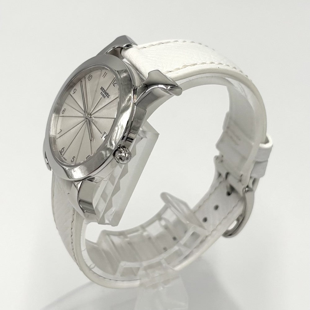 【開店SALE】 HERMES エルメス 腕時計 Hウォッチ ロンド ギョーシェ文字盤 革ベルト 電池式 HR1.510 クオーツ レザー ステンレススチール ホワイト 白 シルバー ユニセックス 2007年【中古品】