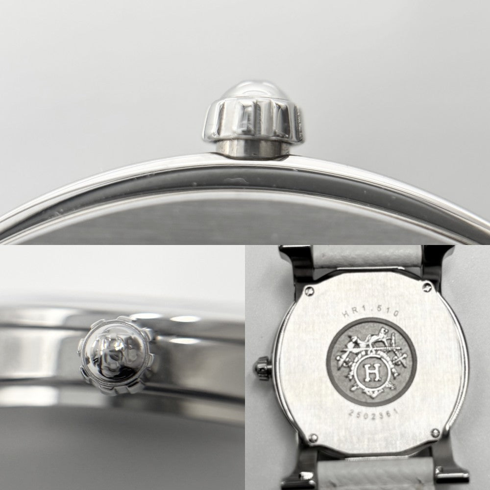 【開店SALE】 HERMES エルメス 腕時計 Hウォッチ ロンド ギョーシェ文字盤 革ベルト 電池式 HR1.510 クオーツ レザー ステンレススチール ホワイト 白 シルバー ユニセックス 2007年【中古品】