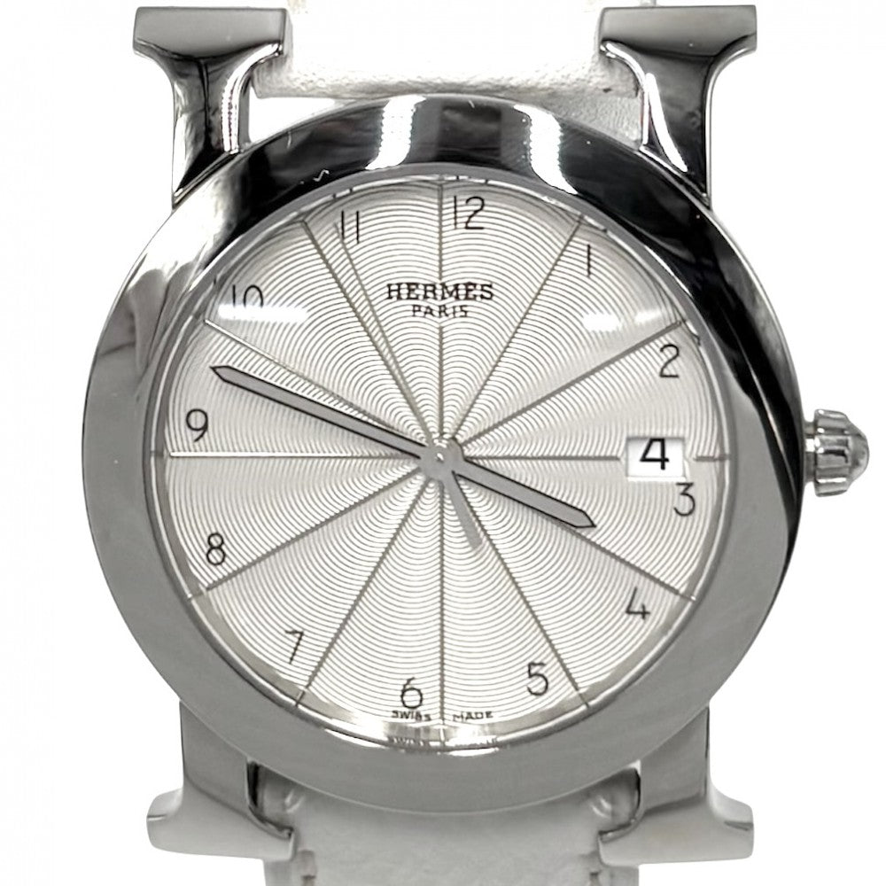 【開店SALE】 HERMES エルメス 腕時計 Hウォッチ ロンド ギョーシェ文字盤 革ベルト 電池式 HR1.510 クオーツ レザー ステンレススチール ホワイト 白 シルバー ユニセックス 2007年【中古品】