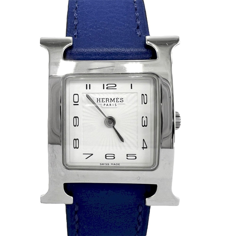 【開店SALE】 HERMES エルメス 腕時計 Hウォッチ ホワイト文字盤 H WATCH 革ベルト 電池式 HH1.201 クオーツ レザー ステンレススチール ブルー 青 シルバー レディース 2016年【中古品】
