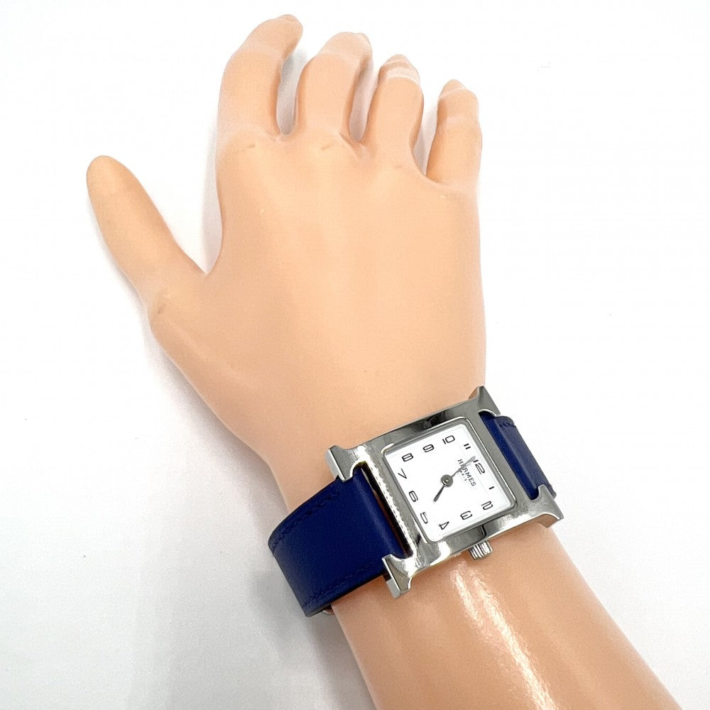 【開店SALE】 HERMES エルメス 腕時計 Hウォッチ ホワイト文字盤 H WATCH 革ベルト 電池式 HH1.201 クオーツ レザー ステンレススチール ブルー 青 シルバー レディース 2016年【中古品】