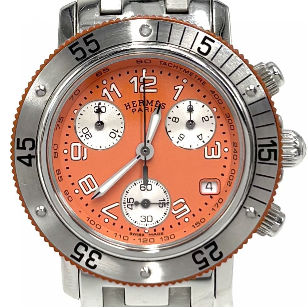 【開店SALE】 HERMES エルメス 腕時計 クリッパー クロノグラフ ダイバー デイト SS 電池式 CL2.316 クオーツ ステンレススチール シルバー オレンジ メンズ【中古品】