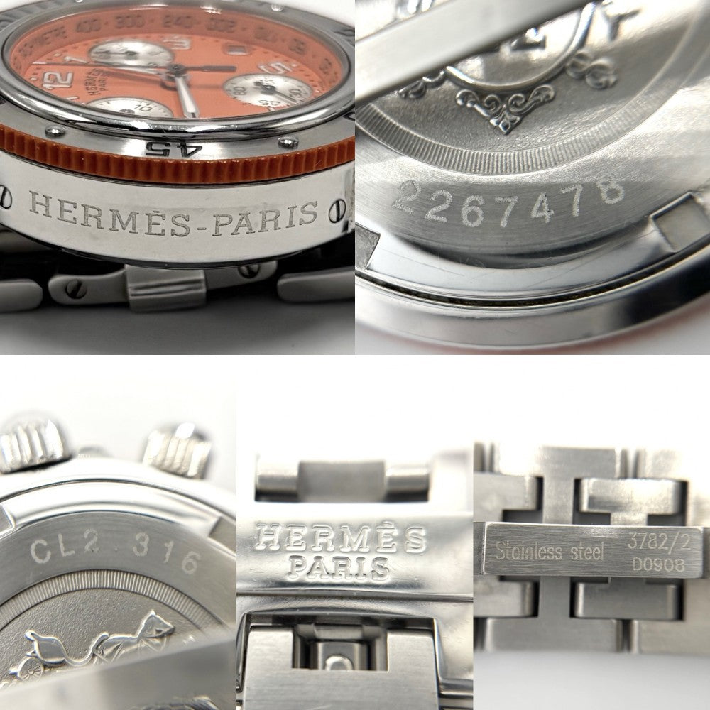 【開店SALE】 HERMES エルメス 腕時計 クリッパー クロノグラフ ダイバー デイト SS 電池式 CL2.316 クオーツ ステンレススチール シルバー オレンジ メンズ【中古品】