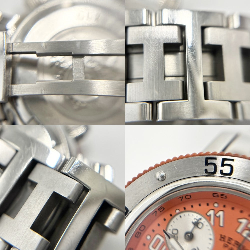 【開店SALE】 HERMES エルメス 腕時計 クリッパー クロノグラフ ダイバー デイト SS 電池式 CL2.316 クオーツ ステンレススチール シルバー オレンジ メンズ【中古品】