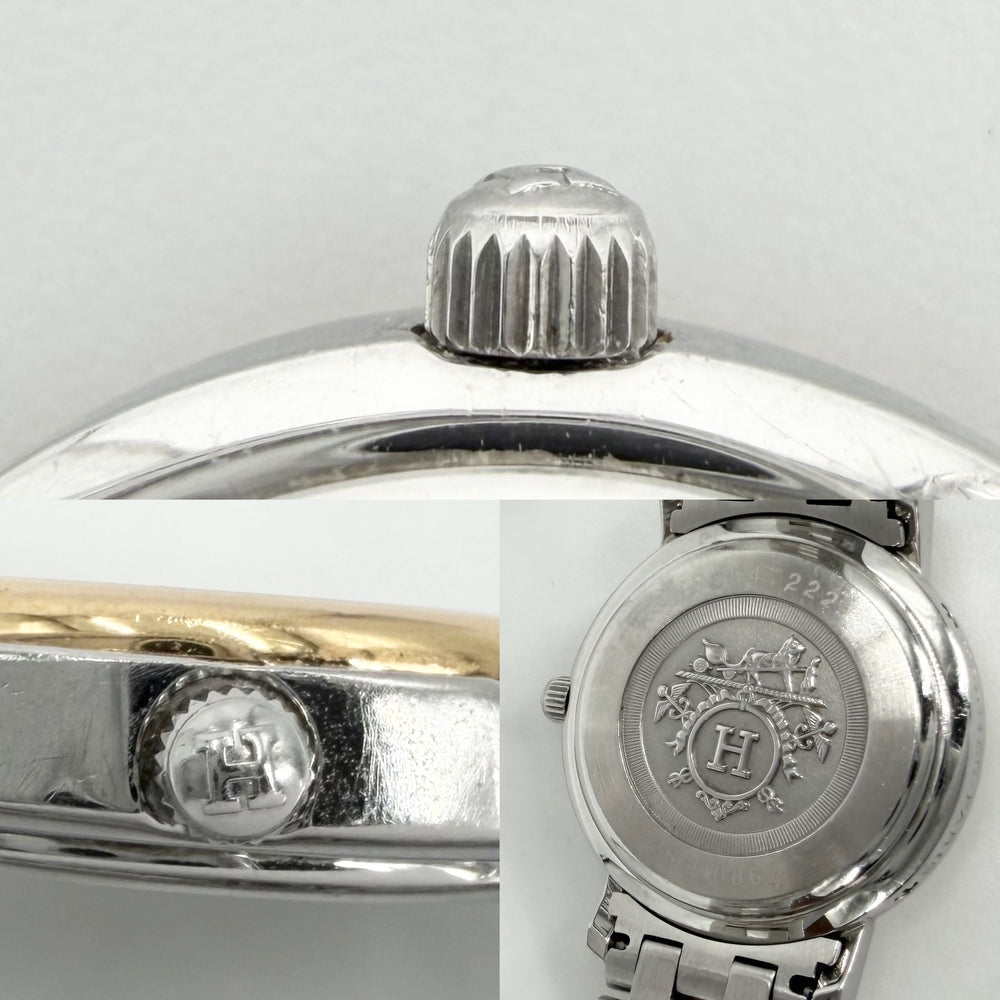 HERMES エルメス 腕時計 クリッパー ナクレ Hモチーフ デイト コンビ SS 電池式 ホワイトシェル文字盤 CL4.222 クオーツ ステンレススチール GP ダイヤモンド12P シルバー ゴールド レディース【中古品】