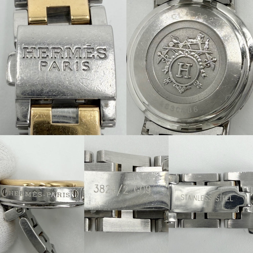 HERMES エルメス 腕時計 クリッパー ナクレ Hモチーフ デイト コンビ SS 電池式 ホワイトシェル文字盤 CL4.222 クオーツ ステンレススチール GP ダイヤモンド12P シルバー ゴールド レディース【中古品】