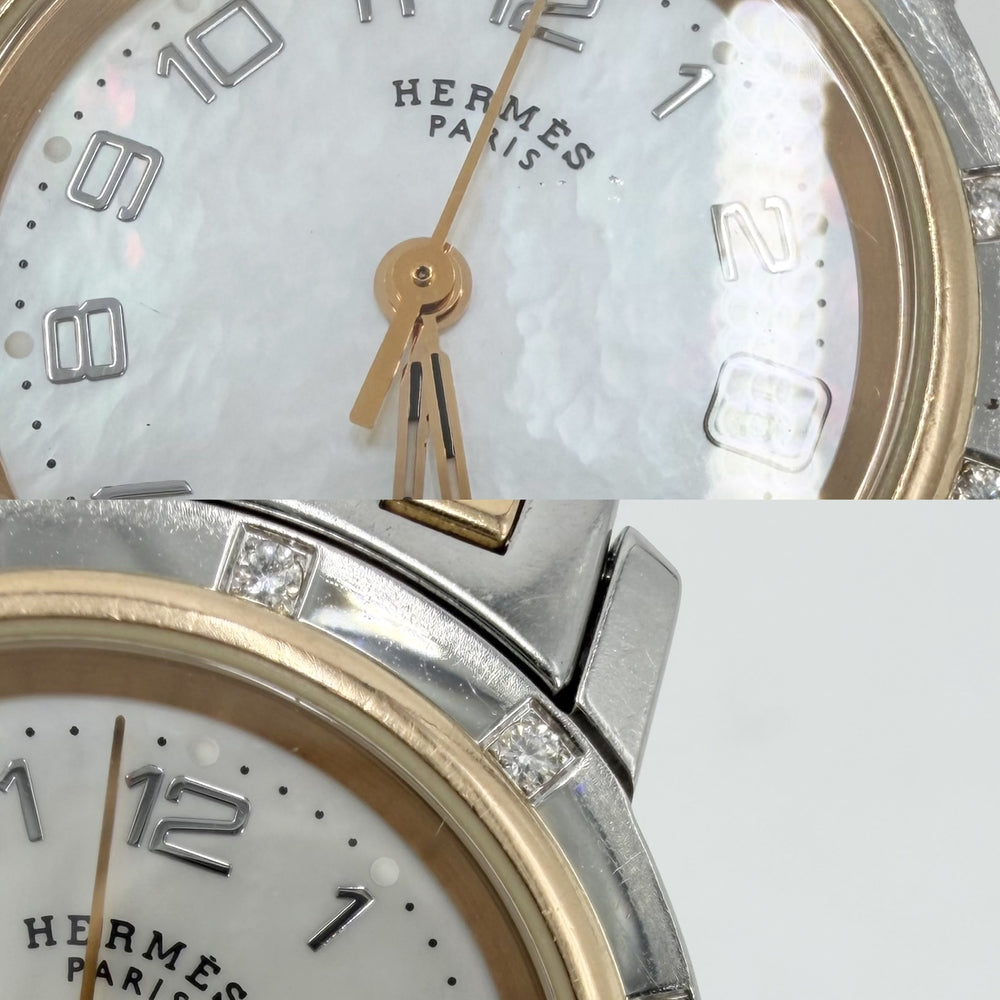 HERMES エルメス 腕時計 クリッパー ナクレ Hモチーフ デイト コンビ SS 電池式 ホワイトシェル文字盤 CL4.222 クオーツ ステンレススチール GP ダイヤモンド12P シルバー ゴールド レディース【中古品】