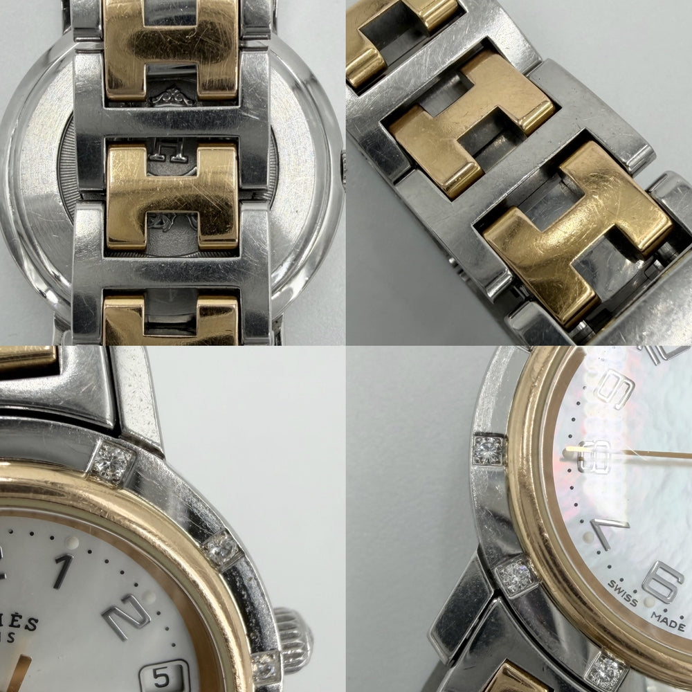 HERMES エルメス 腕時計 クリッパー ナクレ Hモチーフ デイト コンビ SS 電池式 ホワイトシェル文字盤 CL4.222 クオーツ ステンレススチール GP ダイヤモンド12P シルバー ゴールド レディース【中古品】