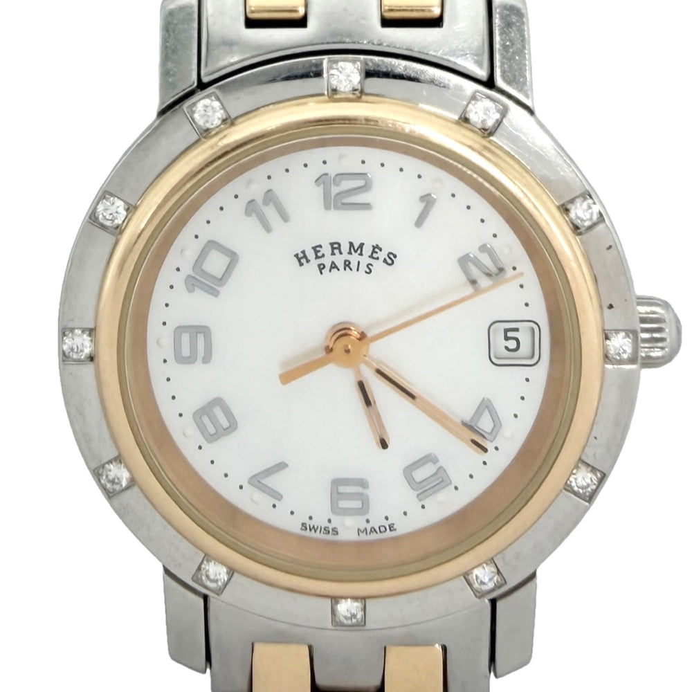 HERMES エルメス 腕時計 クリッパー ナクレ Hモチーフ デイト コンビ SS 電池式 ホワイトシェル文字盤 CL4.222 クオーツ ステンレススチール GP ダイヤモンド12P シルバー ゴールド レディース【中古品】