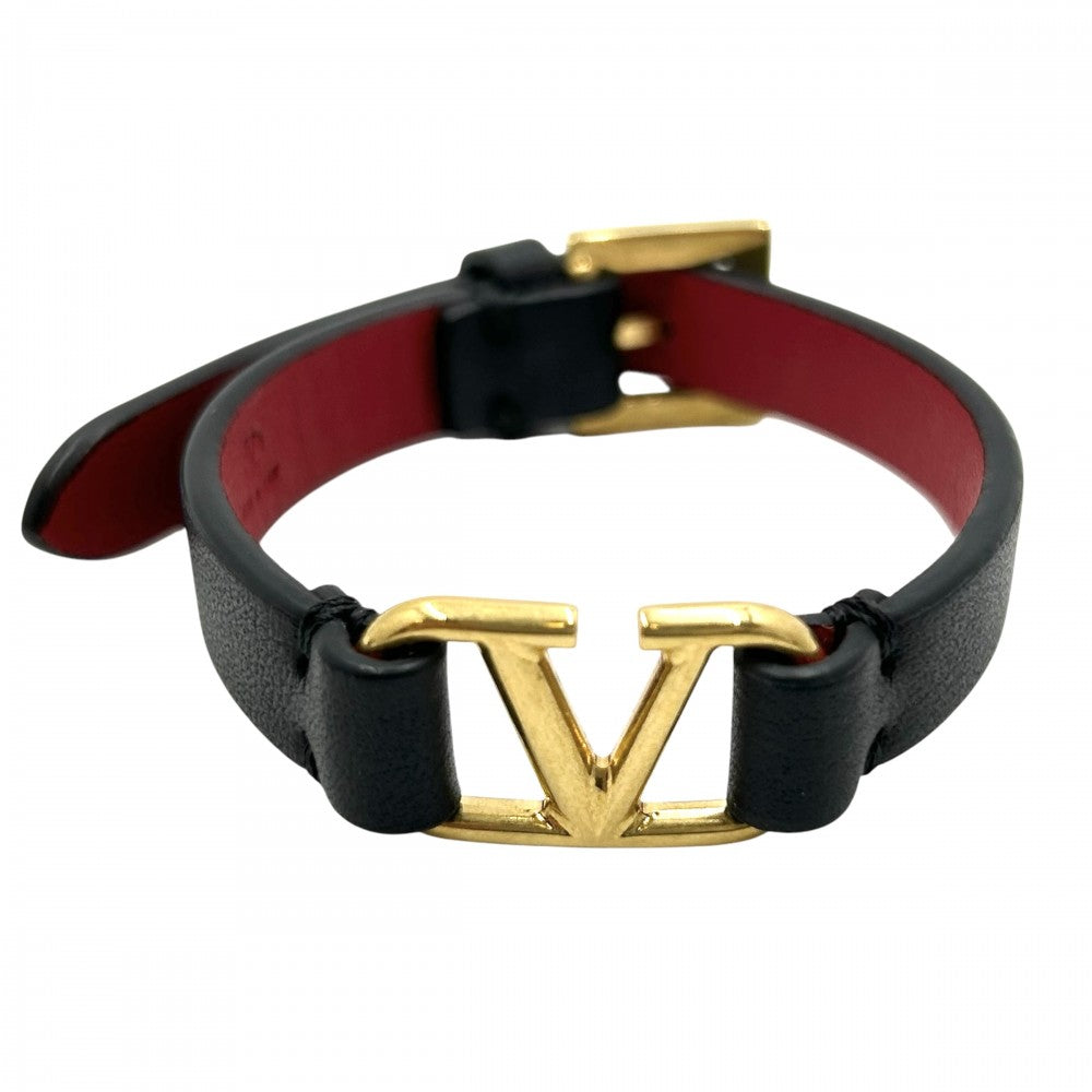 【開店SALE】 Valentino Garavani ヴァレンティノ・ガラヴァーニ ブレスレット Vロゴシグネチャー ベルト アクセサリー メンズ レディース 男女兼用 レザー ブラック 黒 レッド 赤 ゴールド金具 ユニセックス 約9.9g【中古品】