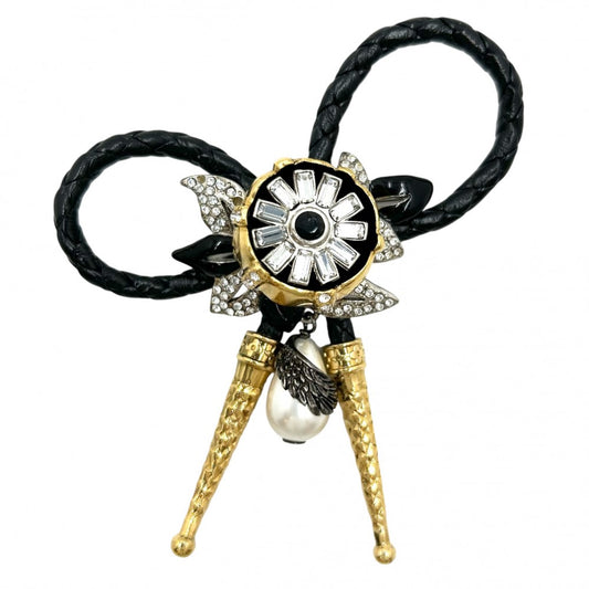 LOUIS VUITTON ルイヴィトン ブローチ リボンモチーフ ビジュー ラインストーン チャーム 小物 アクセサリー MP2197 ブラック 黒 ゴールド レディース【中古品】