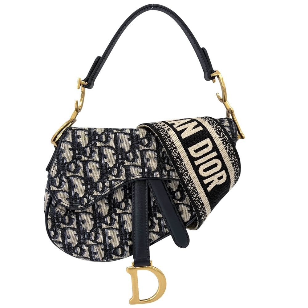 Dior ディオール 2WAY オブリーク サドルバッグ ショルダーバッグ ハンドバッグ キャンバス レザー ネイビー 紺 ベージュ ゴールド金具 レディース【中古品】