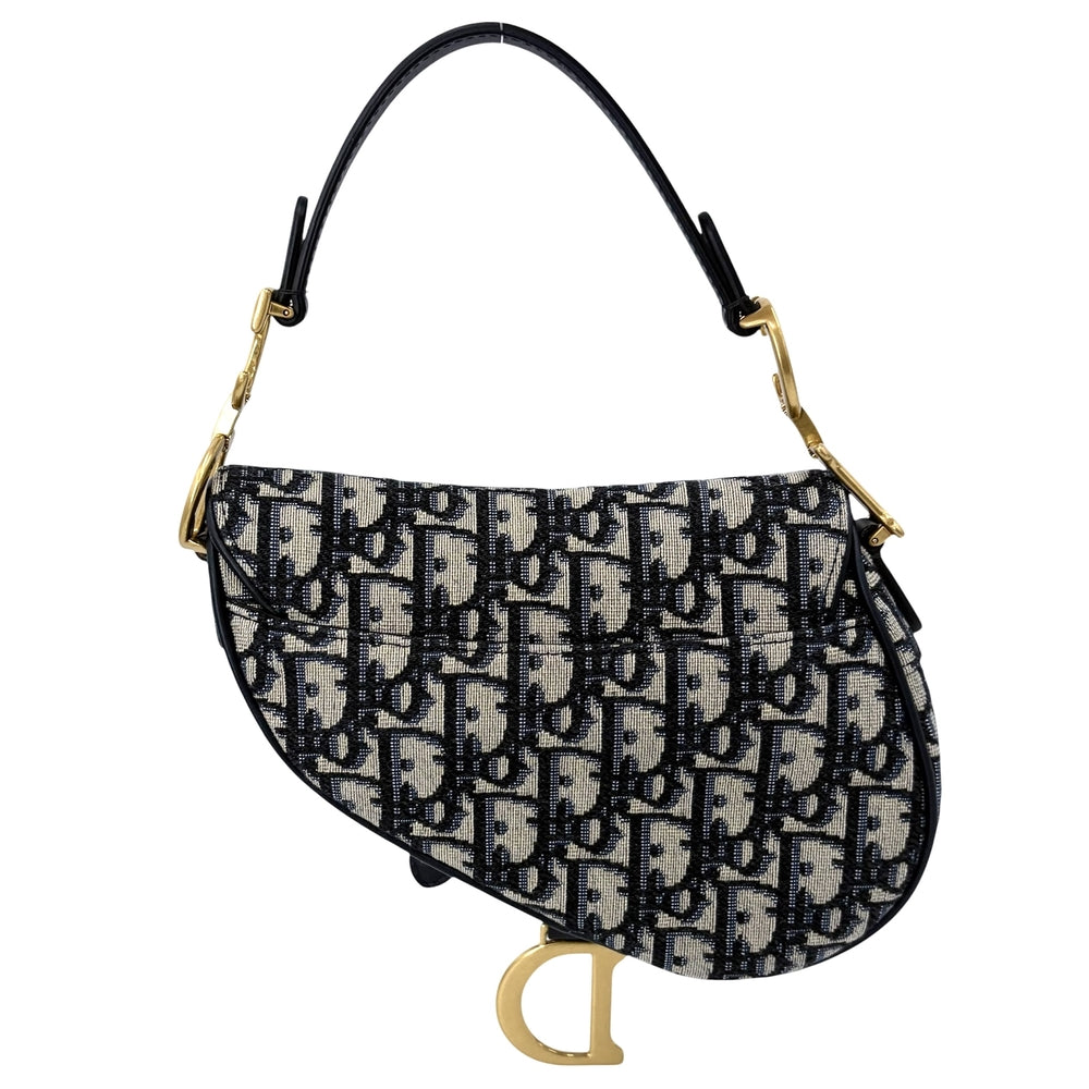Dior ディオール 2WAY オブリーク サドルバッグ ショルダーバッグ ハンドバッグ キャンバス レザー ネイビー 紺 ベージュ ゴールド金具 レディース【中古品】