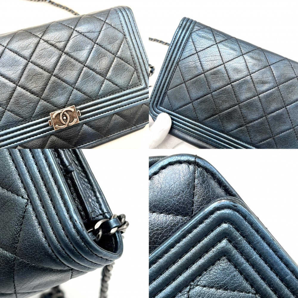 CHANEL シャネル チェーンウォレット ボーイシャネル ココマーク ショルダーバッグ 財布 BOY CHANEL ラムスキン メタリックブルー アンティークシルバー金具 レディース【中古品】