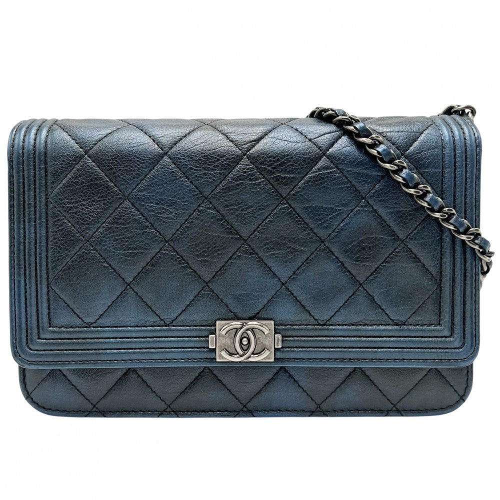 CHANEL シャネル チェーンウォレット ボーイシャネル ココマーク ショルダーバッグ 財布 BOY CHANEL ラムスキン メタリックブルー アンティークシルバー金具 レディース【中古品】