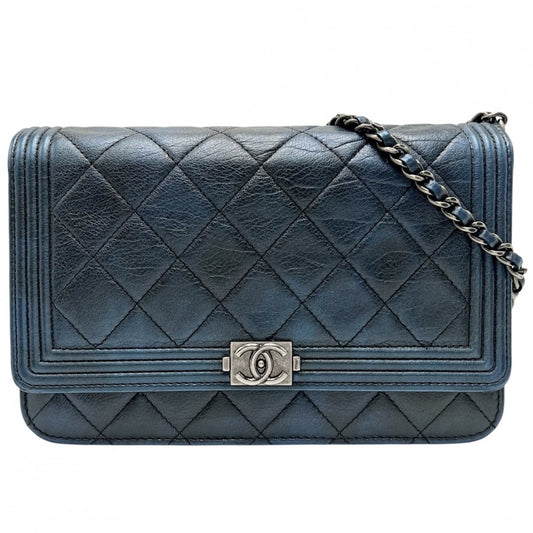 CHANEL シャネル チェーンウォレット ボーイシャネル ココマーク ショルダーバッグ 財布 BOY CHANEL ラムスキン メタリックブルー アンティークシルバー金具 レディース【中古品】