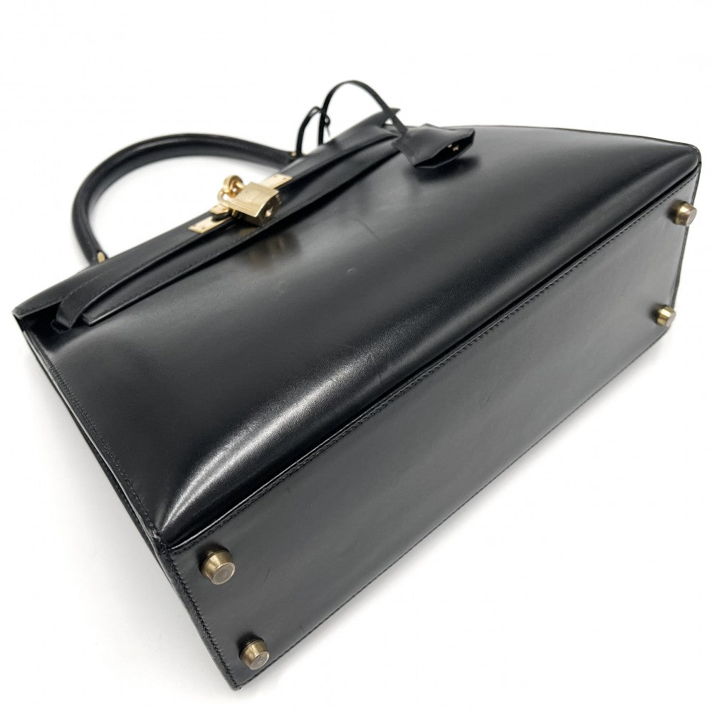 【開店SALE】 HERMES エルメス 2WAY ケリー28 外縫い ハンドバッグ ショルダーバッグ 〇U刻印 ボックスカーフ ブラック 黒 ゴールド金具 レディース 1991年【中古品】