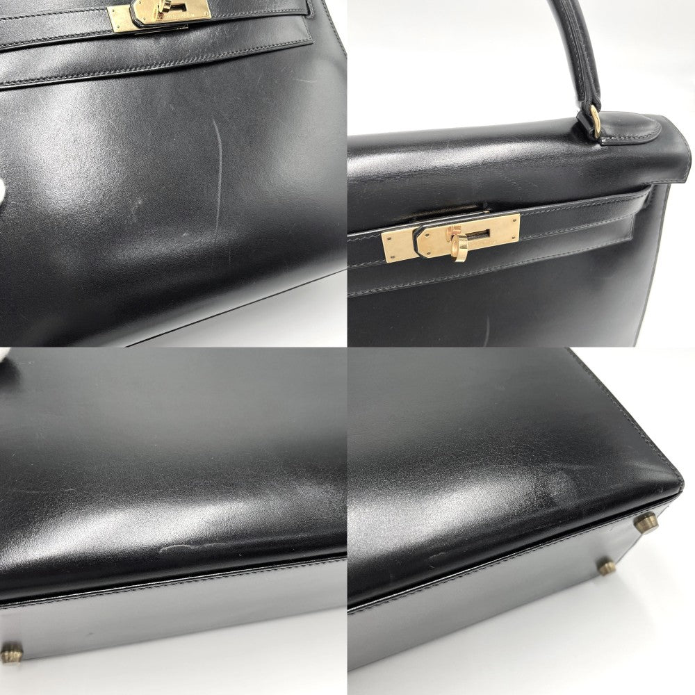 HERMES エルメス 2WAY ケリー28 外縫い ハンドバッグ ショルダーバッグ 〇U刻印 ボックスカーフ ブラック 黒 ゴールド金具 レディース 1991年【中古品】