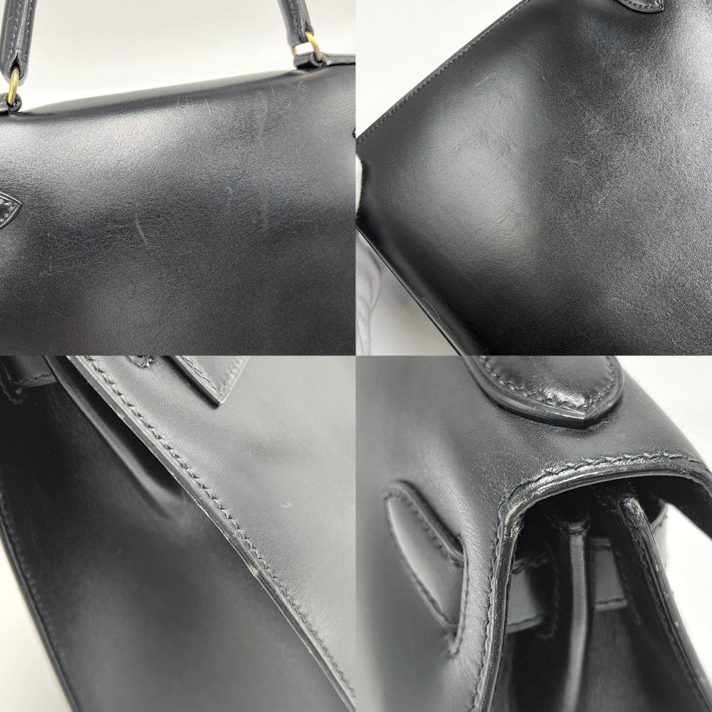 【開店SALE】 HERMES エルメス 2WAY ケリー28 外縫い ハンドバッグ ショルダーバッグ 〇U刻印 ボックスカーフ ブラック 黒 ゴールド金具 レディース 1991年【中古品】