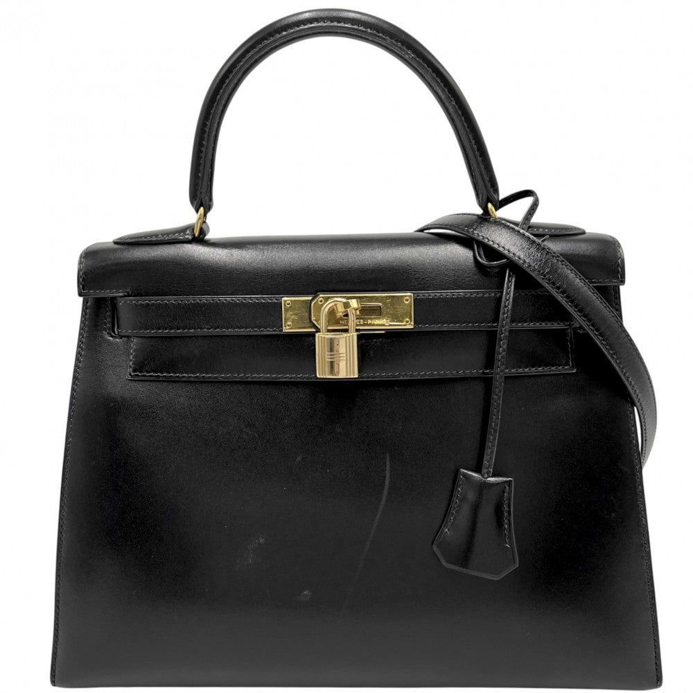 【開店SALE】 HERMES エルメス 2WAY ケリー28 外縫い ハンドバッグ ショルダーバッグ 〇U刻印 ボックスカーフ ブラック 黒 ゴールド金具 レディース 1991年【中古品】