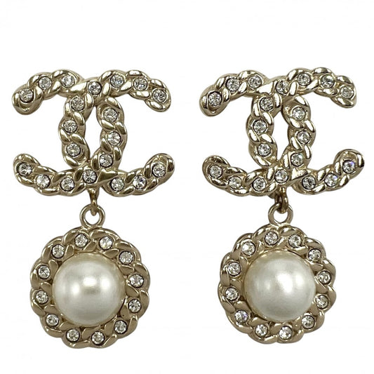 【開店SALE】 CHANEL シャネル イヤリング ココマーク スイング アクセサリー GP フェイクパール ラインストーン B19P ゴールド レディース 約9.6g 2019年【中古品】