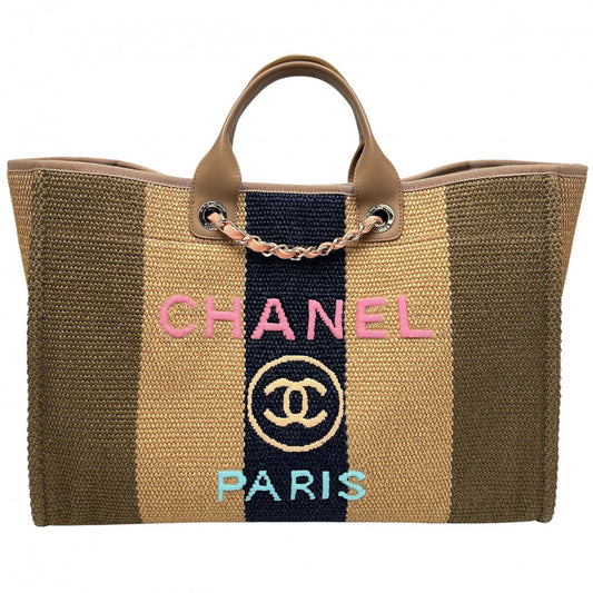 CHANEL シャネル 2WAY ドーヴィルライン ココマーク チェーントートバッグ ハンドバッグ ストロー レザー ベージュ ブラウン 茶 ゴールド金具 レディース【中古品】