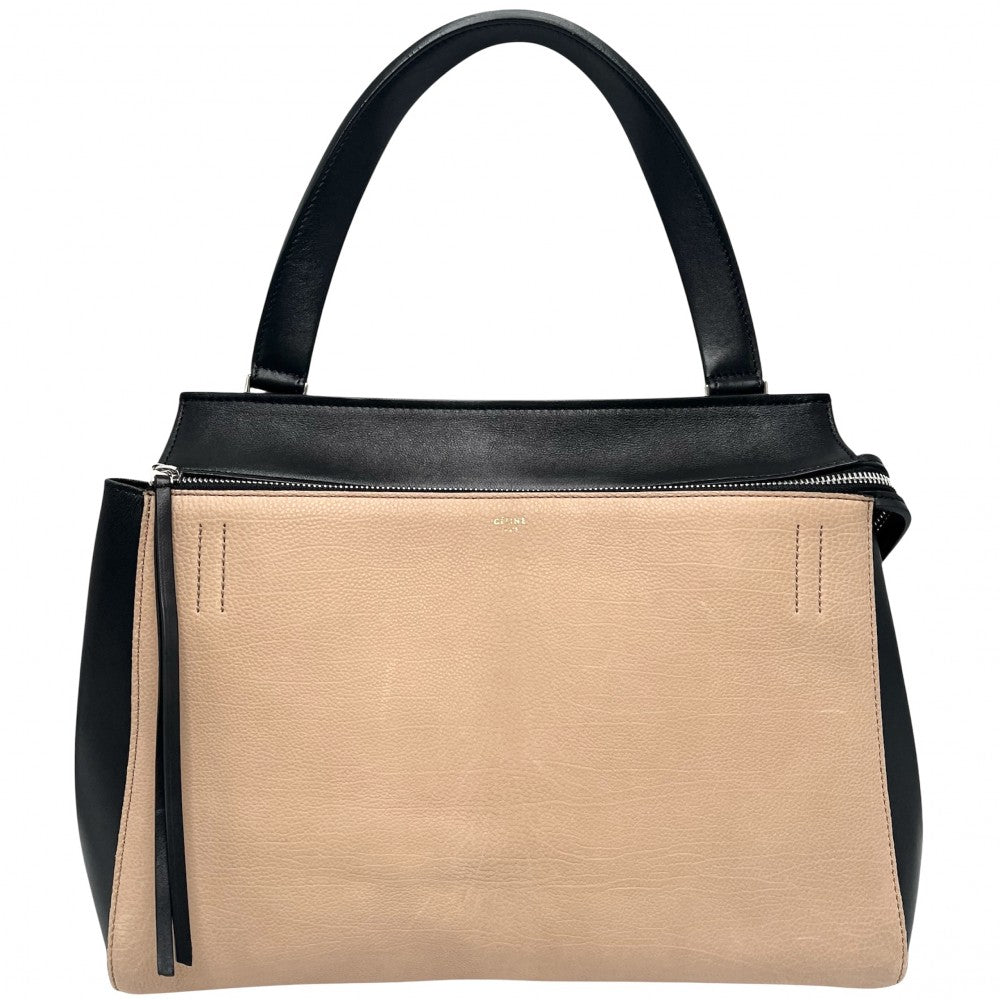 【開店SALE】 CELINE セリーヌ ハンドバッグ バイカラー エッジ ミディアム レザー ベージュ ブラック 黒 ゴールド金具 レディース【中古品】