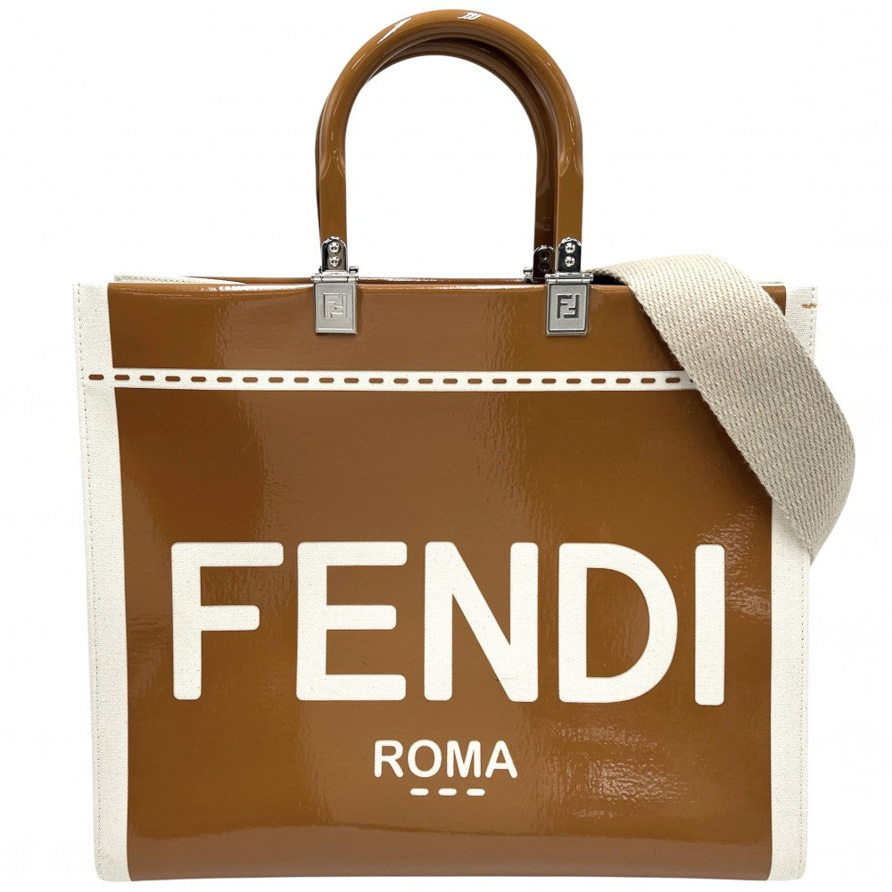 【開店SALE】 FENDI フェンディ 2WAY サンシャインミディアムショッパー ハンドバッグ トートバッグ ショルダーバッグ 8BH386 キャンバス パテントレザー ブラウン 茶 アイボリー シルバー金具 レディース【中古品】