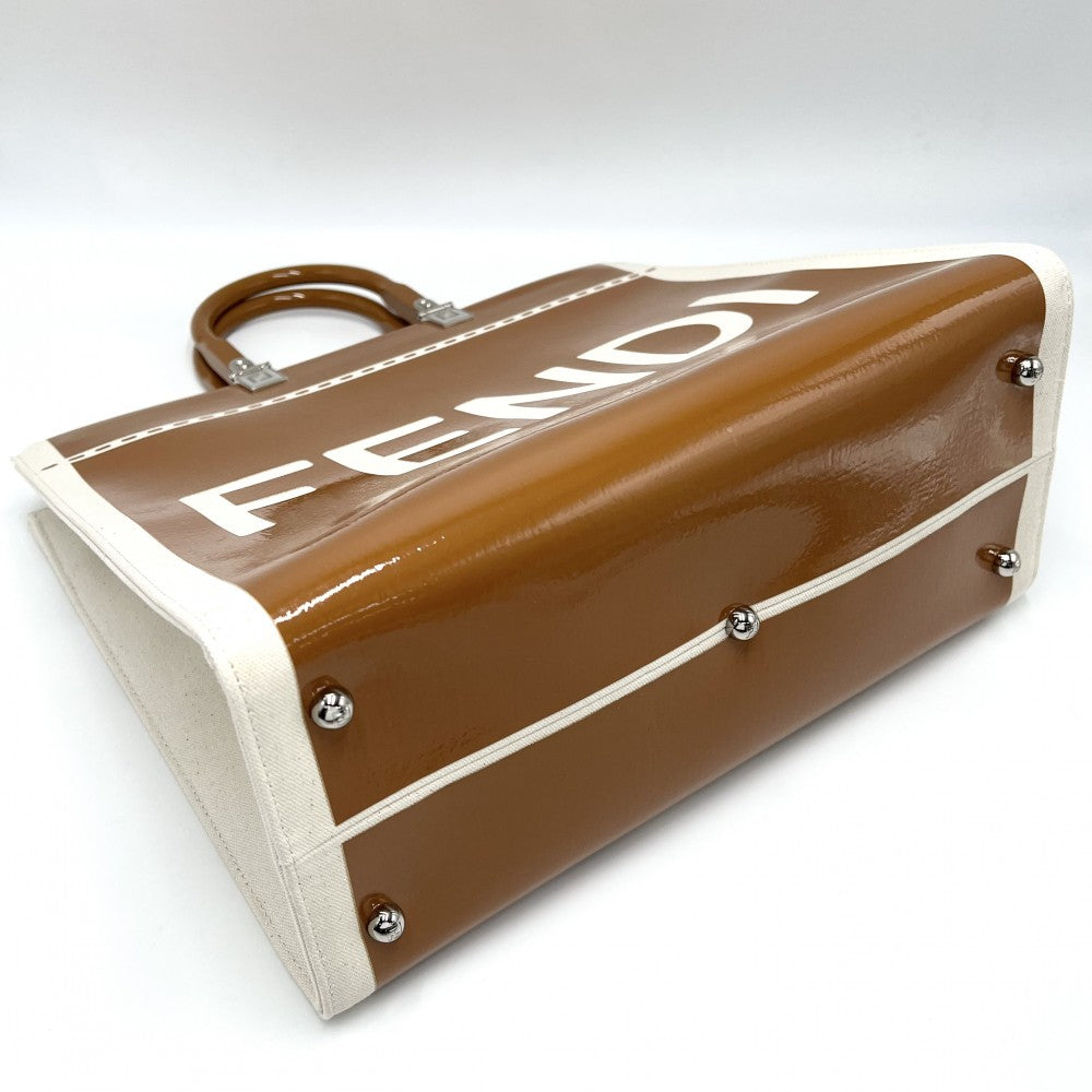 【開店SALE】 FENDI フェンディ 2WAY サンシャインミディアムショッパー ハンドバッグ トートバッグ ショルダーバッグ 8BH386 キャンバス パテントレザー ブラウン 茶 アイボリー シルバー金具 レディース【中古品】