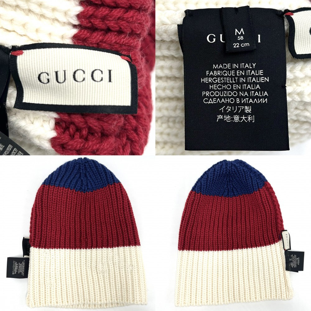 【開店SALE】 GUCCI グッチ ニットキャップ 猫 キャット ニット帽 ビーニー 帽子 Mサイズ ファッションアイテム トリコロール 452399 ウール マルチカラー レディース【中古品】