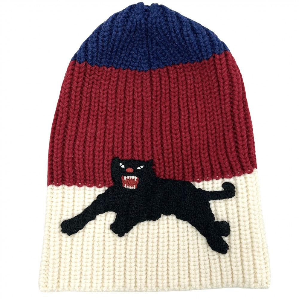 【開店SALE】 GUCCI グッチ ニットキャップ 猫 キャット ニット帽 ビーニー 帽子 Mサイズ ファッションアイテム トリコロール 452399 ウール マルチカラー レディース【中古品】