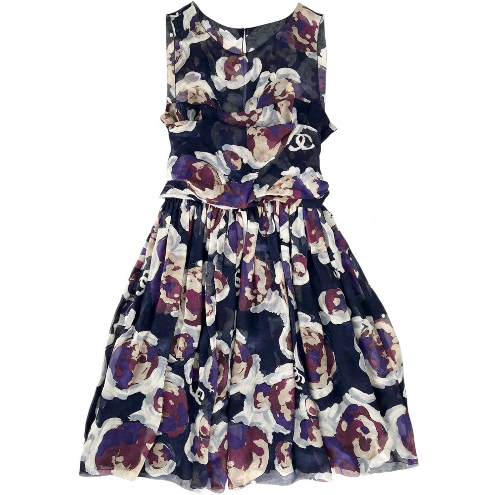 【開店SALE】 CHANEL シャネル ワンピース ココマーク 花柄 ノースリーブ シースルー アパレル 服 38 ネイビー 紺 マルチカラー 夏 シルク レディース【中古品】