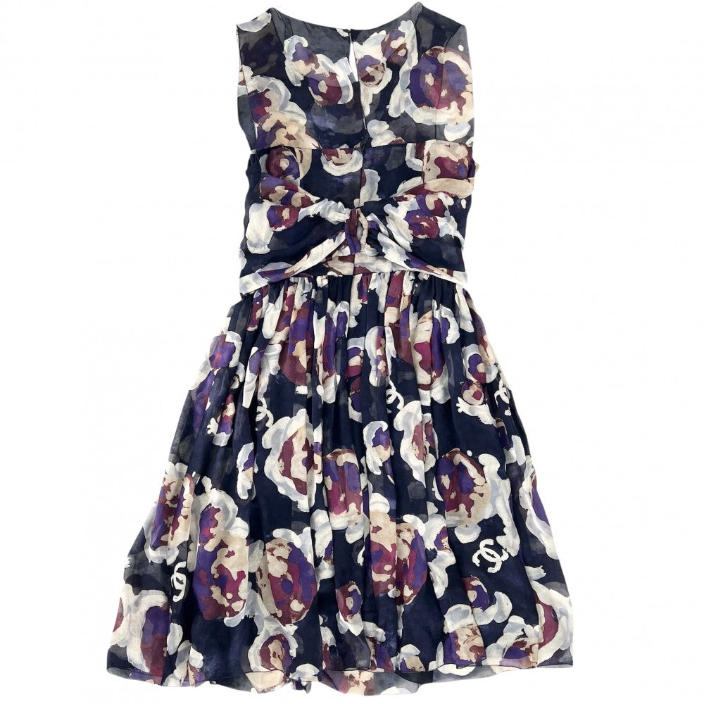 【開店SALE】 CHANEL シャネル ワンピース ココマーク 花柄 ノースリーブ シースルー アパレル 服 38 ネイビー 紺 マルチカラー 夏 シルク レディース【中古品】