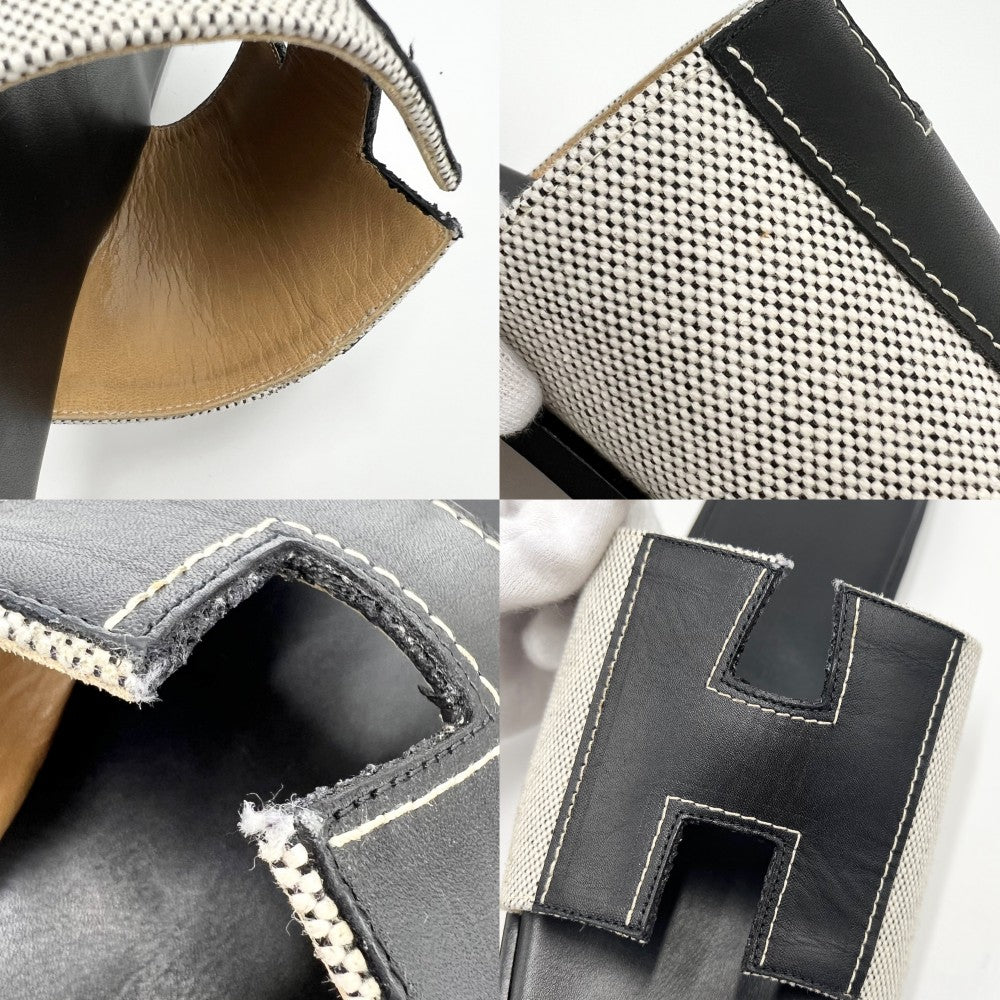 HERMES エルメス サンダル イズミール フラットシューズ 靴 42サイズ 約28cm 春 夏 レザー キャンバス ブラック 黒 レディース【中古品】