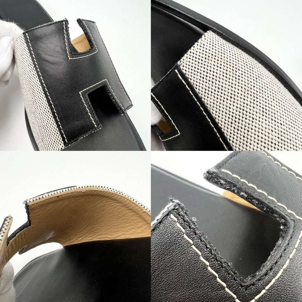 HERMES エルメス サンダル イズミール フラットシューズ 靴 42サイズ 約28cm 春 夏 レザー キャンバス ブラック 黒 レディース【中古品】