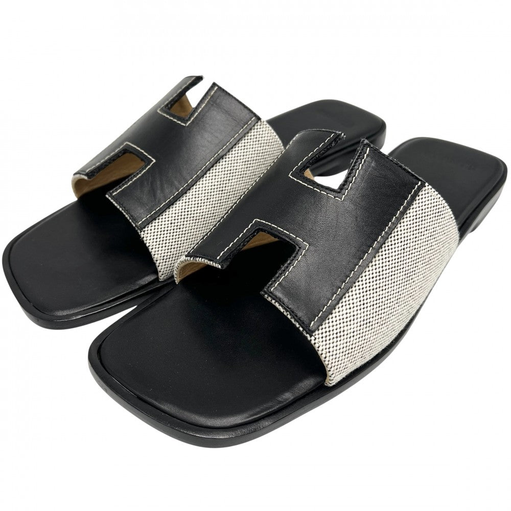 HERMES エルメス サンダル イズミール フラットシューズ 靴 42サイズ 約28cm 春 夏 レザー キャンバス ブラック 黒 レディース【中古品】