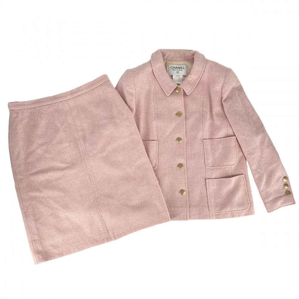 CHANEL シャネル セットアップ ココボタン ツイードセットアップ ジャケット スカート ヴィンテージ アパレル 服 42 ピンク ゴールド金具 春 秋 ウール コットン シルク ナイロン レディース【中古品】