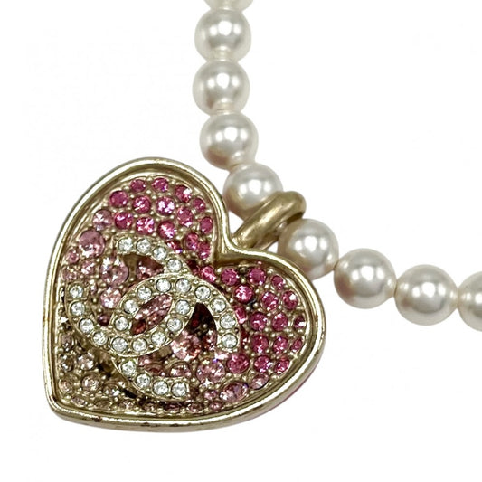CHANEL シャネル ネックレス リバーシブル ハート ココマーク アクセサリー GP フェイクパール ラインストーン C23P ゴールド ピンク レディース 約31.4g 2023年【中古品】