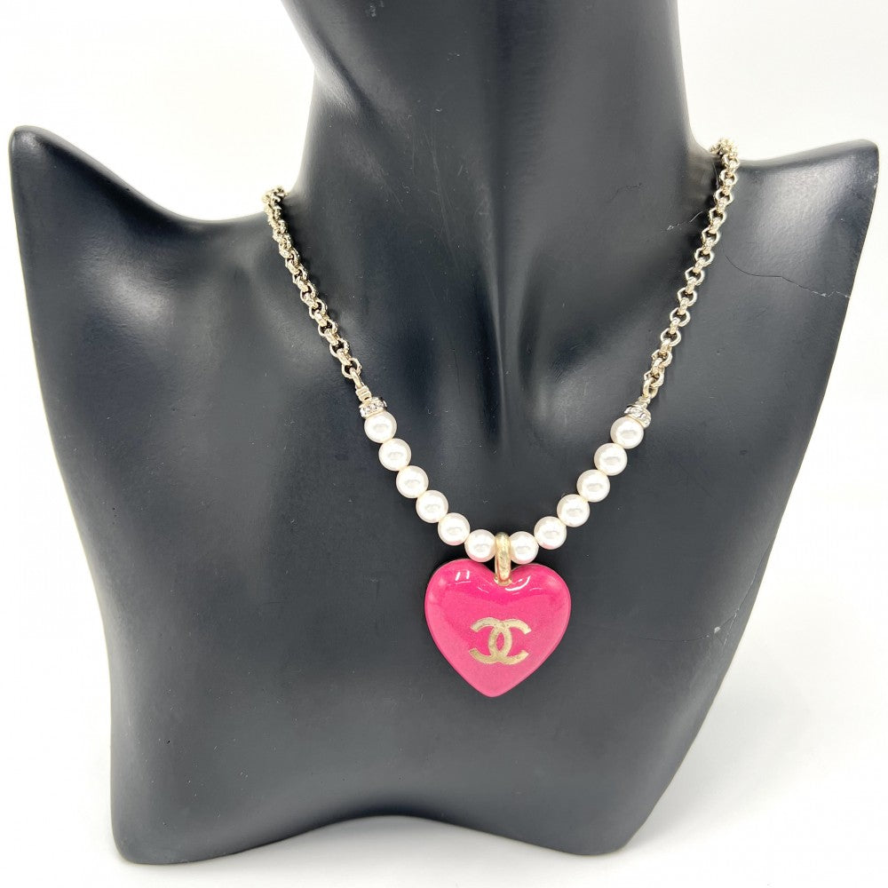 CHANEL シャネル ネックレス リバーシブル ハート ココマーク アクセサリー GP フェイクパール ラインストーン C23P ゴールド ピンク レディース 約31.4g 2023年【中古品】